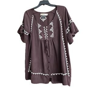 Urban Mango Boho Embroidered Tie Front Tunic Top Brown Size L Beaded, Feminine
